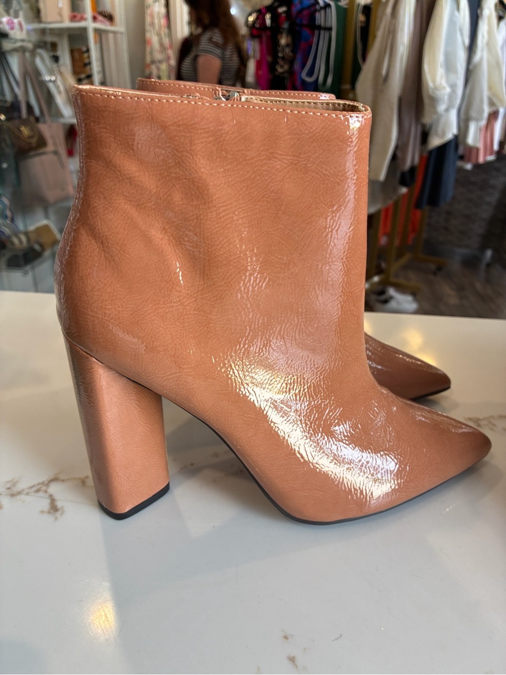 Qupid Patent Leather Chunky Heel Ankle Boots - Tan
